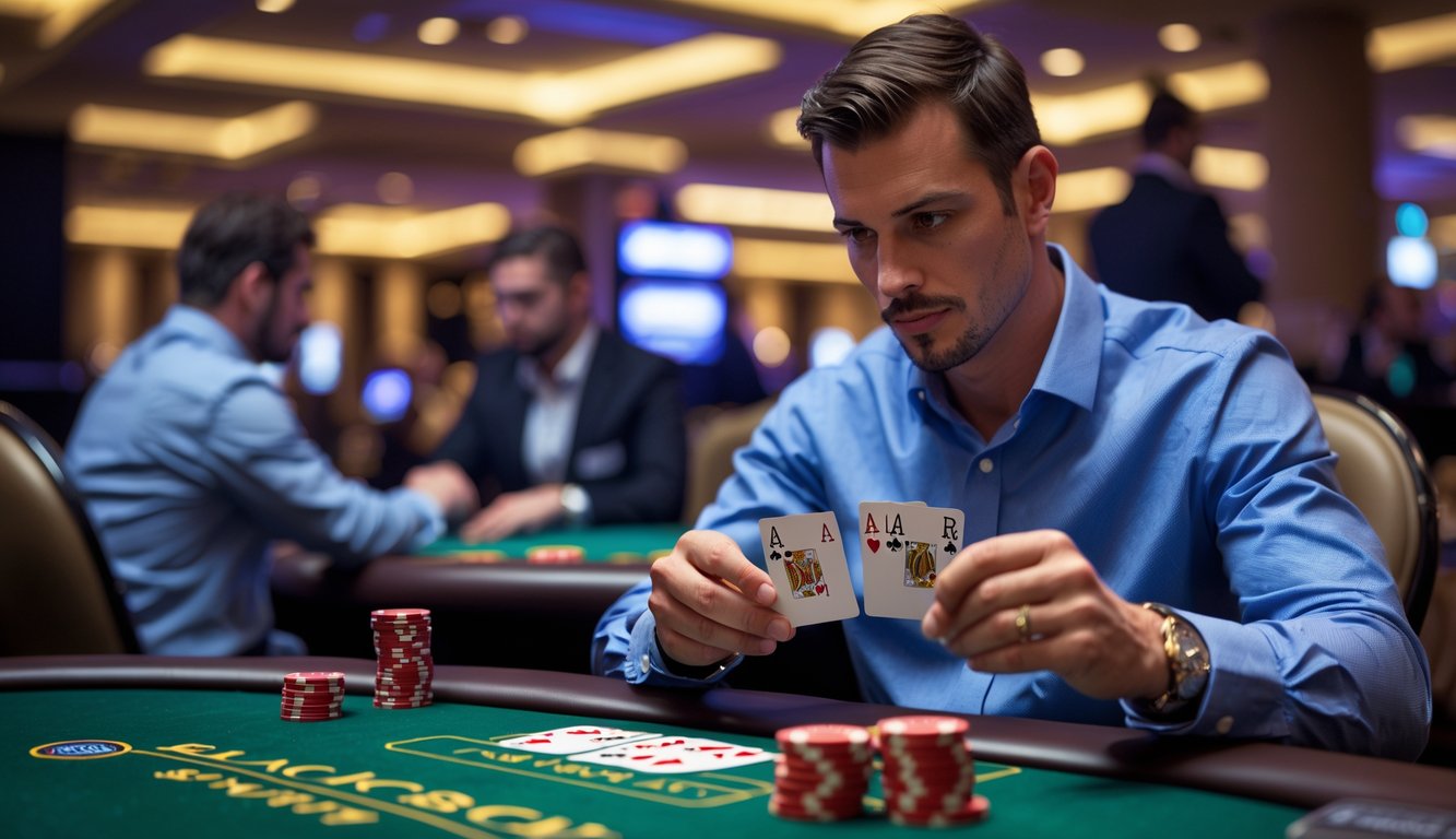 Seorang pria dewasa sedang bermain Blackjack Switch di meja kasino dengan kartu dan tumpukan chip di depannya.