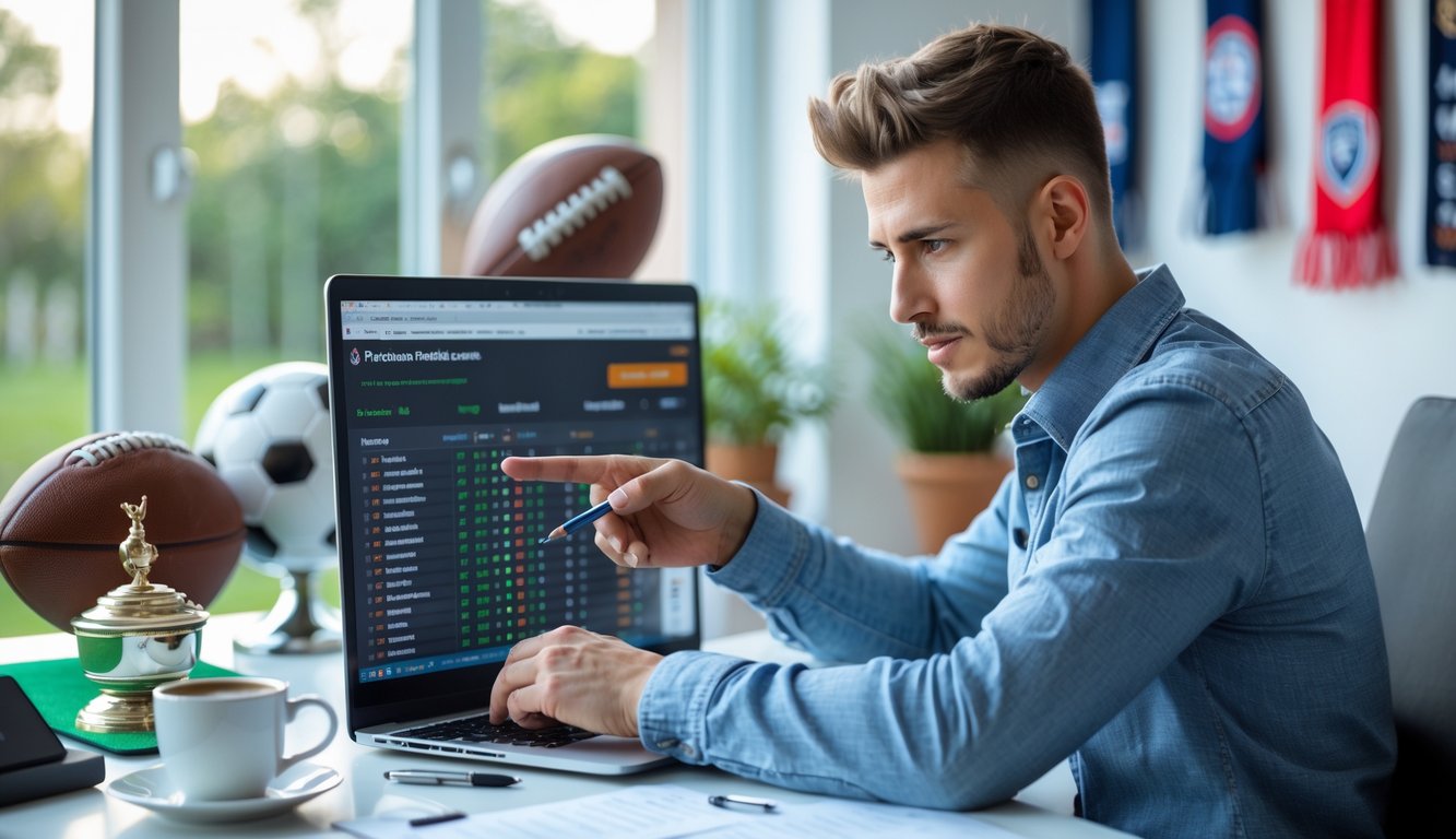Seorang pria muda duduk di meja dengan laptop, menganalisis statistik pertandingan sepak bola dan peluang taruhan dalam suasana kantor rumah yang rapi.