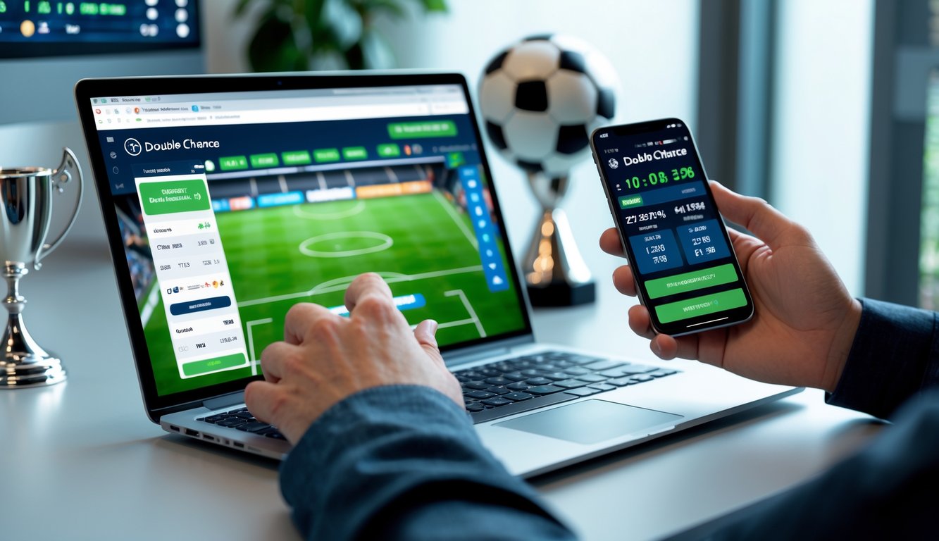 Seseorang menggunakan laptop dan ponsel di meja kerja dengan tampilan pertandingan sepak bola dan aplikasi taruhan online.