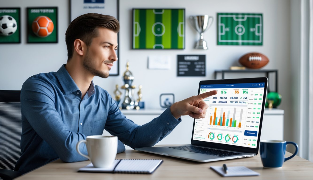 Seorang pria muda duduk di meja dengan laptop, menganalisis statistik dan peluang pertandingan sepak bola dalam ruangan kerja yang terang dan rapi.