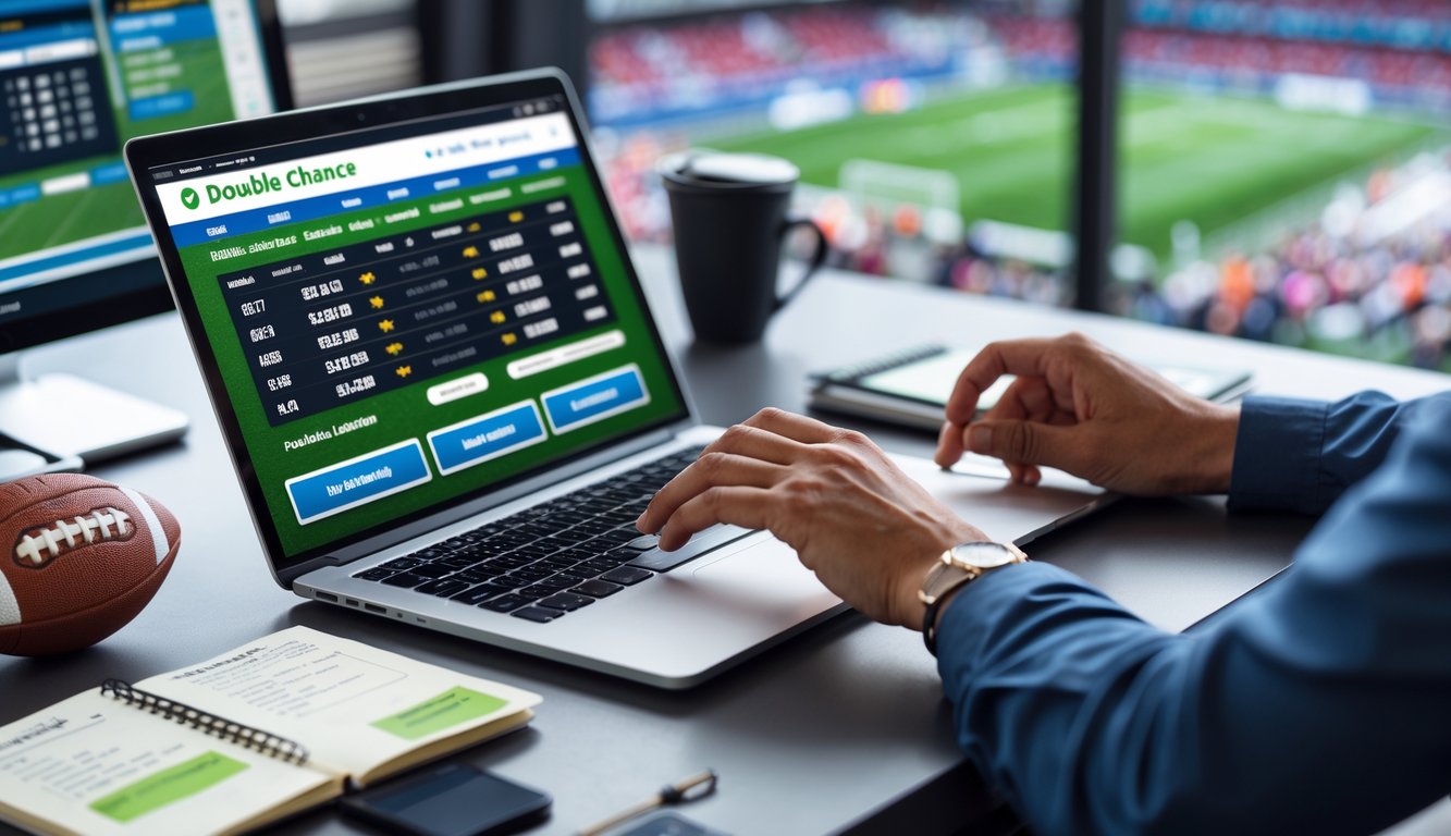 Seseorang menggunakan laptop dengan tampilan situs judi bola online, di meja terdapat bola kecil dan catatan strategi, suasana fokus dan profesional.