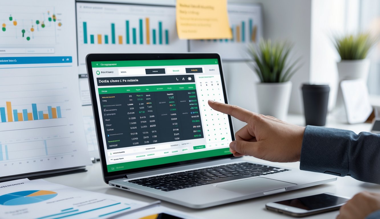 Seorang pria sedang menggunakan laptop dengan tampilan antarmuka taruhan sepak bola, dikelilingi oleh grafik dan catatan di meja kerja.