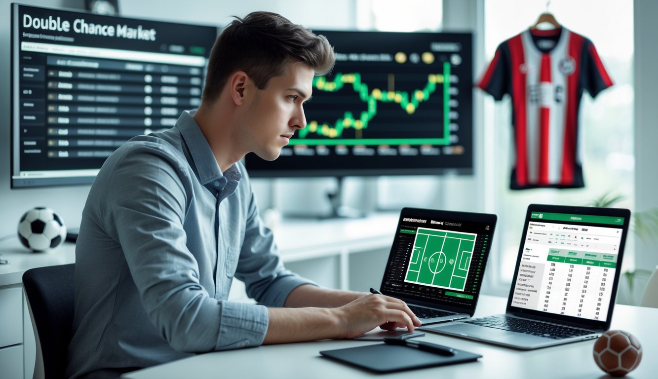 Seorang pria muda sedang duduk di meja dengan laptop dan tablet yang menampilkan data dan grafik taruhan sepak bola, di ruang kerja yang rapi dengan dekorasi bertema sepak bola.