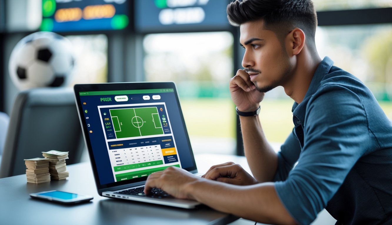 Seorang pria muda duduk di meja dengan laptop dan uang di sampingnya, sedang melihat situs taruhan bola online.