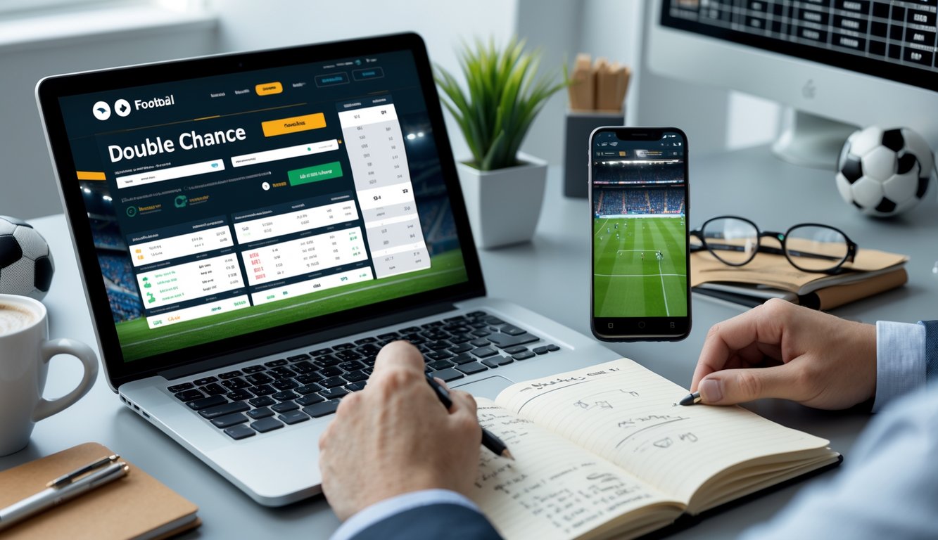 Meja kerja dengan laptop menampilkan situs judi bola online, smartphone dengan pertandingan sepak bola langsung, dan catatan strategi taruhan di buku catatan.