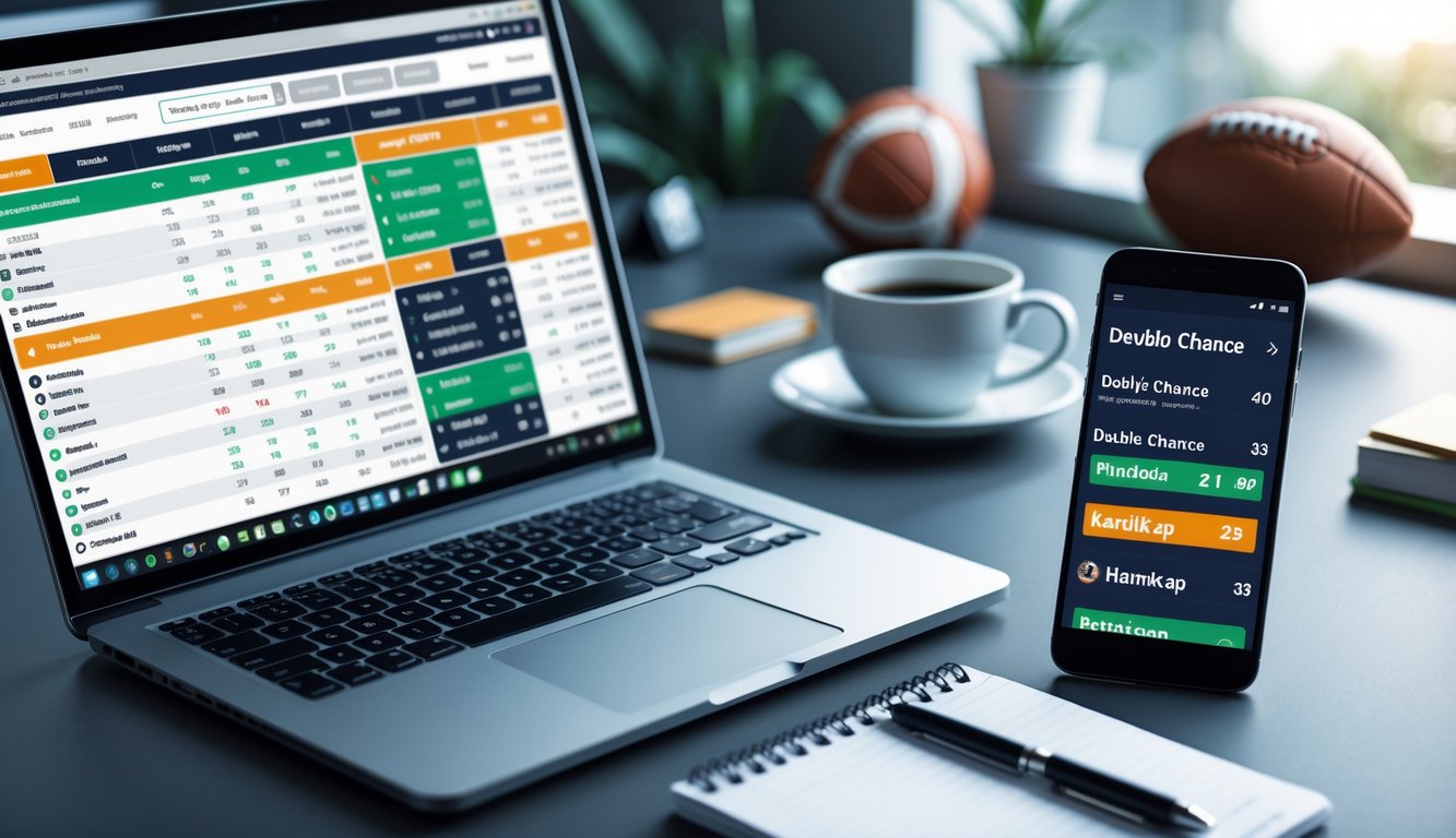 Seorang pria duduk di depan laptop dengan layar menampilkan statistik pertandingan sepak bola dan opsi taruhan, di meja juga terdapat smartphone yang menampilkan aplikasi taruhan, bola sepak, dan alat tulis.