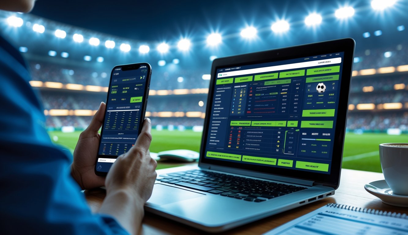 Seseorang menggunakan laptop dan ponsel dengan tampilan taruhan sepak bola, di latar belakang stadion sepak bola yang ramai.