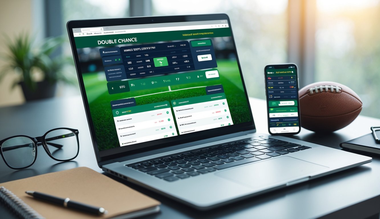 Meja kerja dengan laptop dan ponsel yang menampilkan situs judi bola online, dilengkapi bola kecil dan alat tulis.