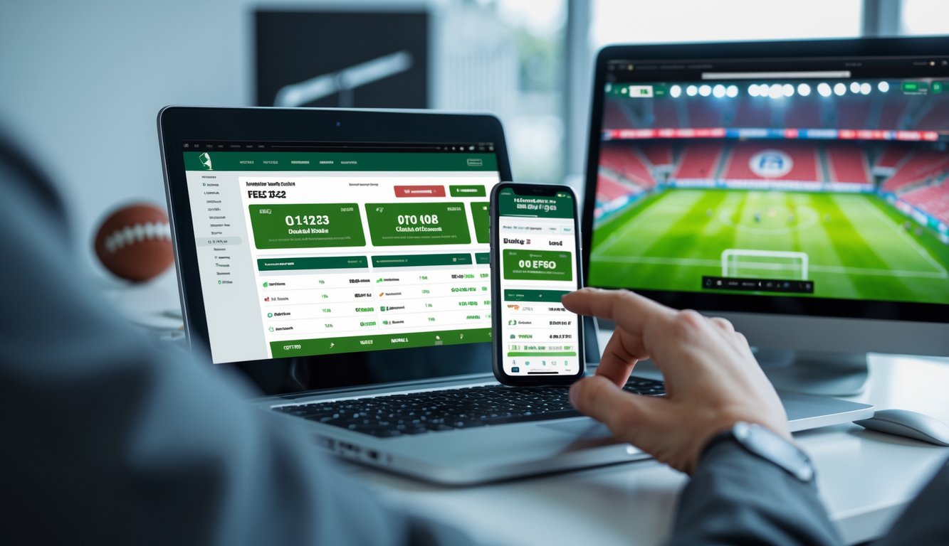 Seseorang menggunakan laptop dan ponsel untuk melihat situs taruhan bola dengan statistik pertandingan dan opsi taruhan double chance.