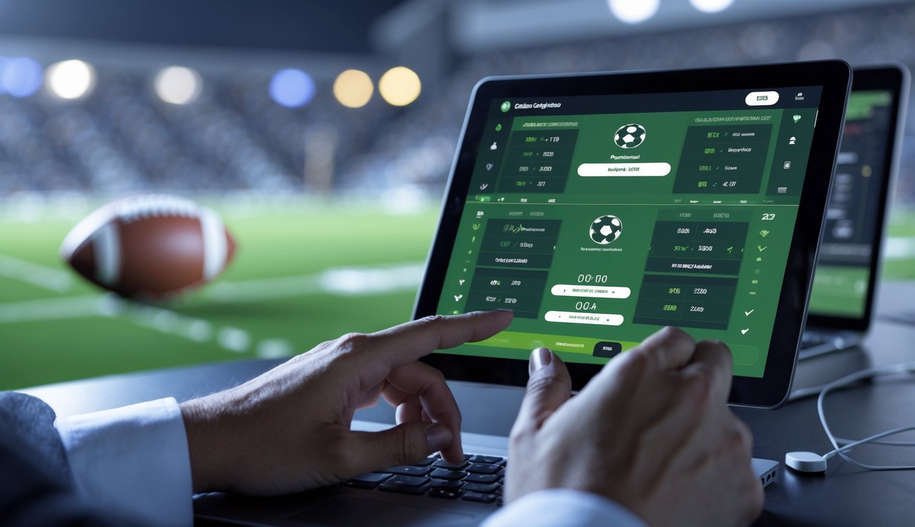 Tangan seseorang menggunakan perangkat layar sentuh yang menampilkan antarmuka taruhan sepak bola online dengan berbagai pilihan taruhan.