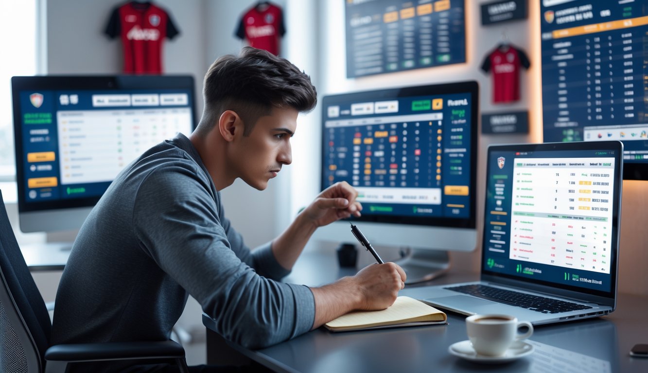 Seorang pria muda duduk di meja dengan beberapa layar komputer yang menampilkan statistik pertandingan sepak bola dan peluang taruhan, tampak fokus dan sedang mencatat.
