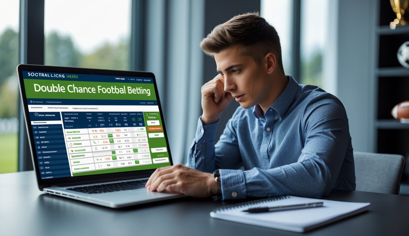 Seorang pria muda sedang duduk di depan laptop sambil menganalisis statistik pertandingan sepak bola dengan serius.