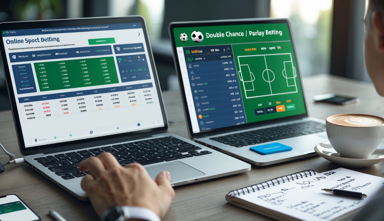 Seseorang menggunakan laptop dan smartphone untuk memasang taruhan bola online dengan catatan dan kopi di meja kerja.