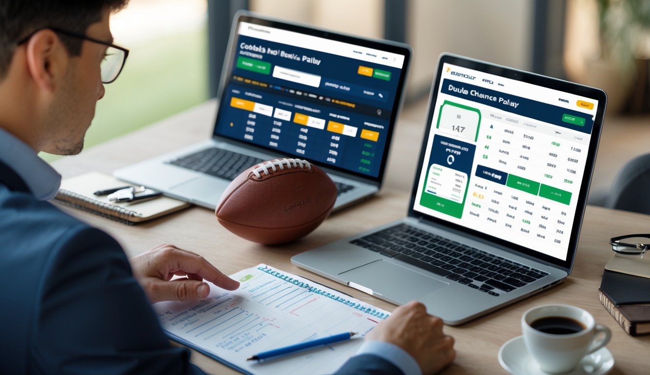 Seorang pria sedang menggunakan laptop dan tablet di meja kerja dengan peralatan terkait sepak bola dan catatan, menunjukkan aktivitas analisis taruhan sepak bola online.