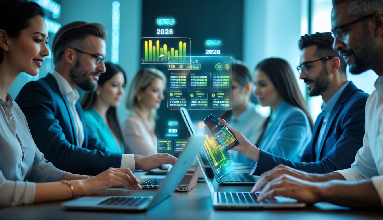 Sekelompok orang dewasa menggunakan perangkat digital untuk bermain permainan daring dengan latar belakang teknologi futuristik.