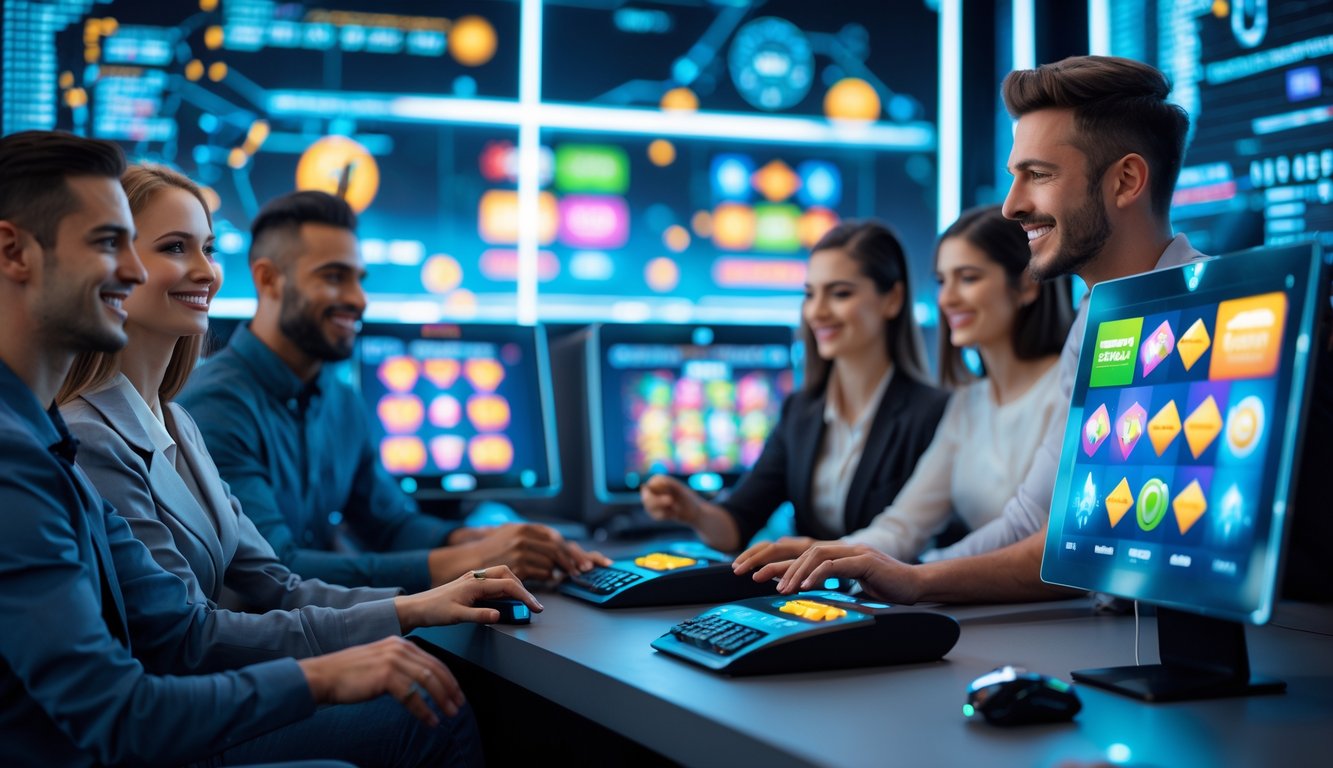 Sekelompok orang muda yang sedang bermain permainan slot online dengan komputer dan layar berwarna cerah di ruang modern.