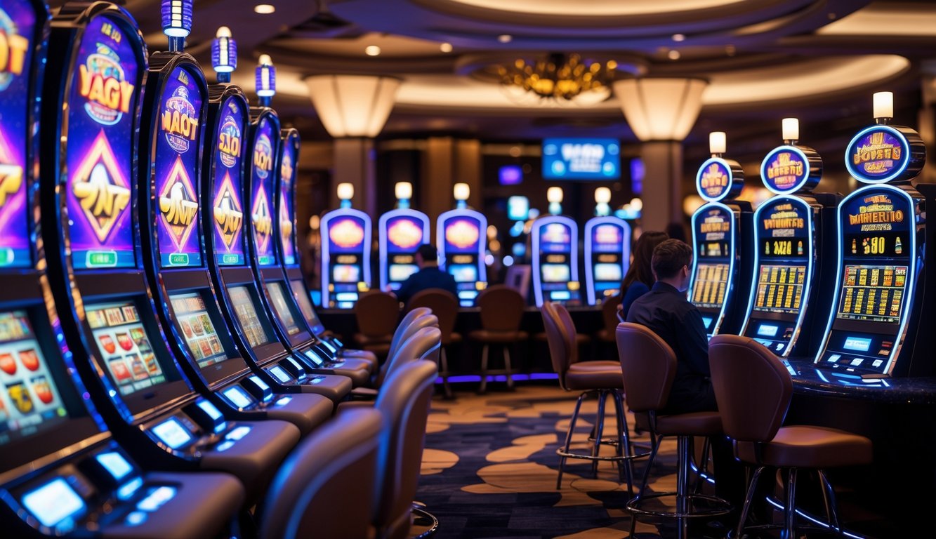 Interior kasino modern dengan mesin slot menyala dan beberapa pemain sedang bermain di malam hari.