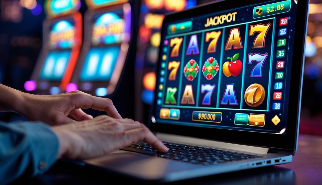 Seseorang bermain mesin slot online di laptop dengan layar menampilkan gulungan warna-warni dan ikon jackpot.