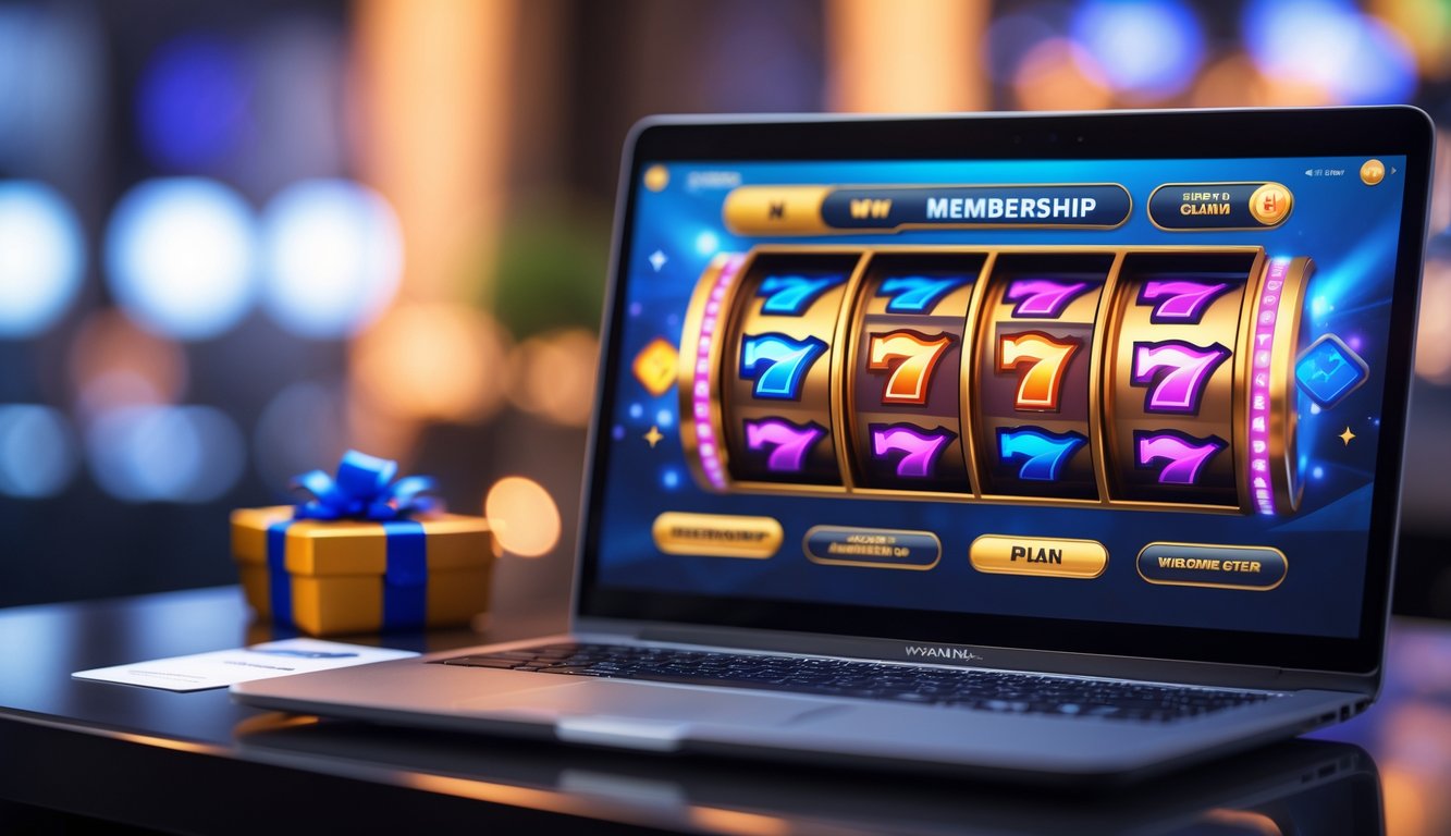 Sebuah laptop dengan layar menampilkan grafik mesin slot berwarna cerah di atas meja dengan kartu keanggotaan dan kotak hadiah di sampingnya.