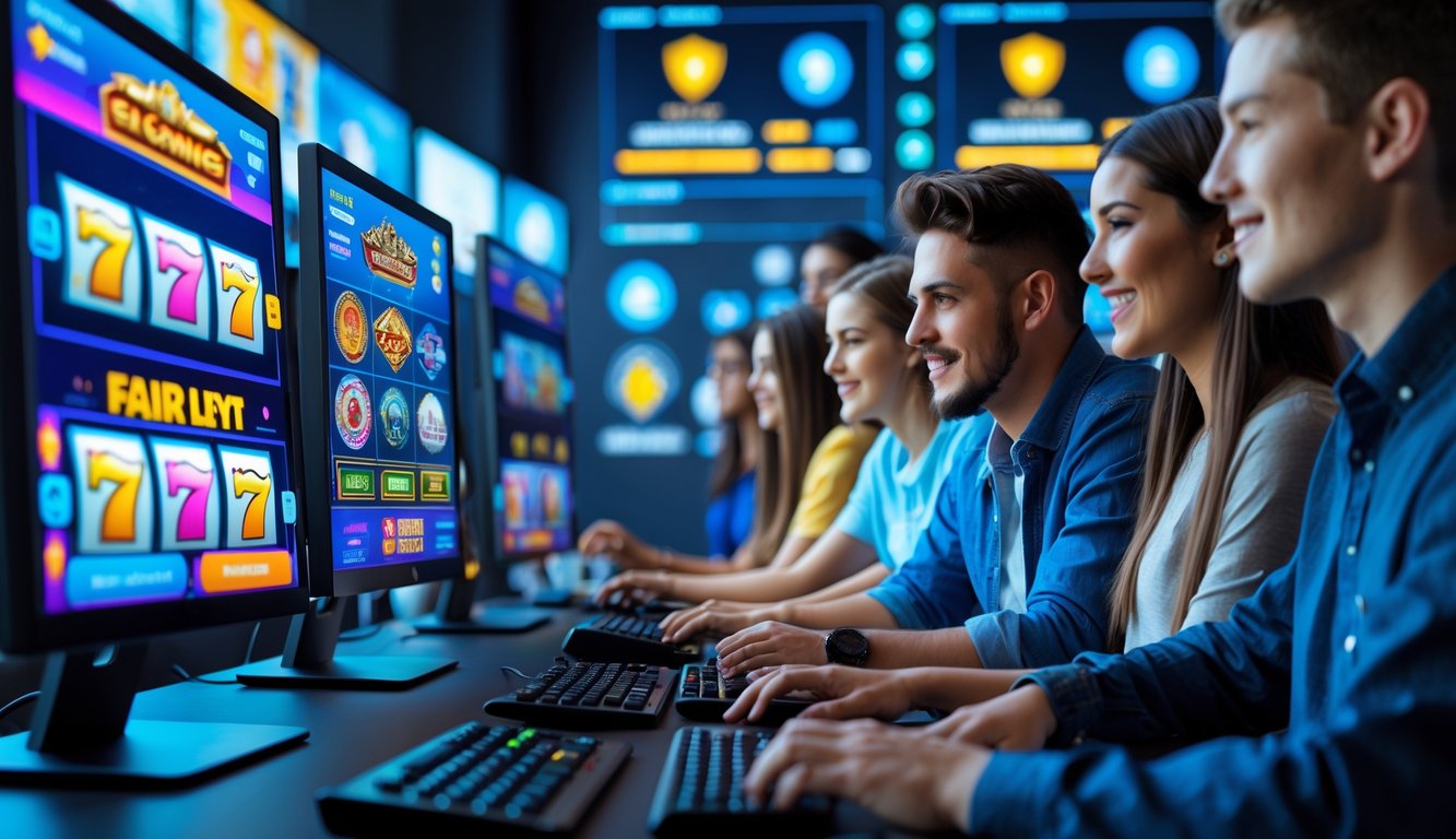 Sekelompok orang muda sedang bermain game online dengan komputer di ruangan terang yang menampilkan grafik permainan slot dan simbol keamanan digital.