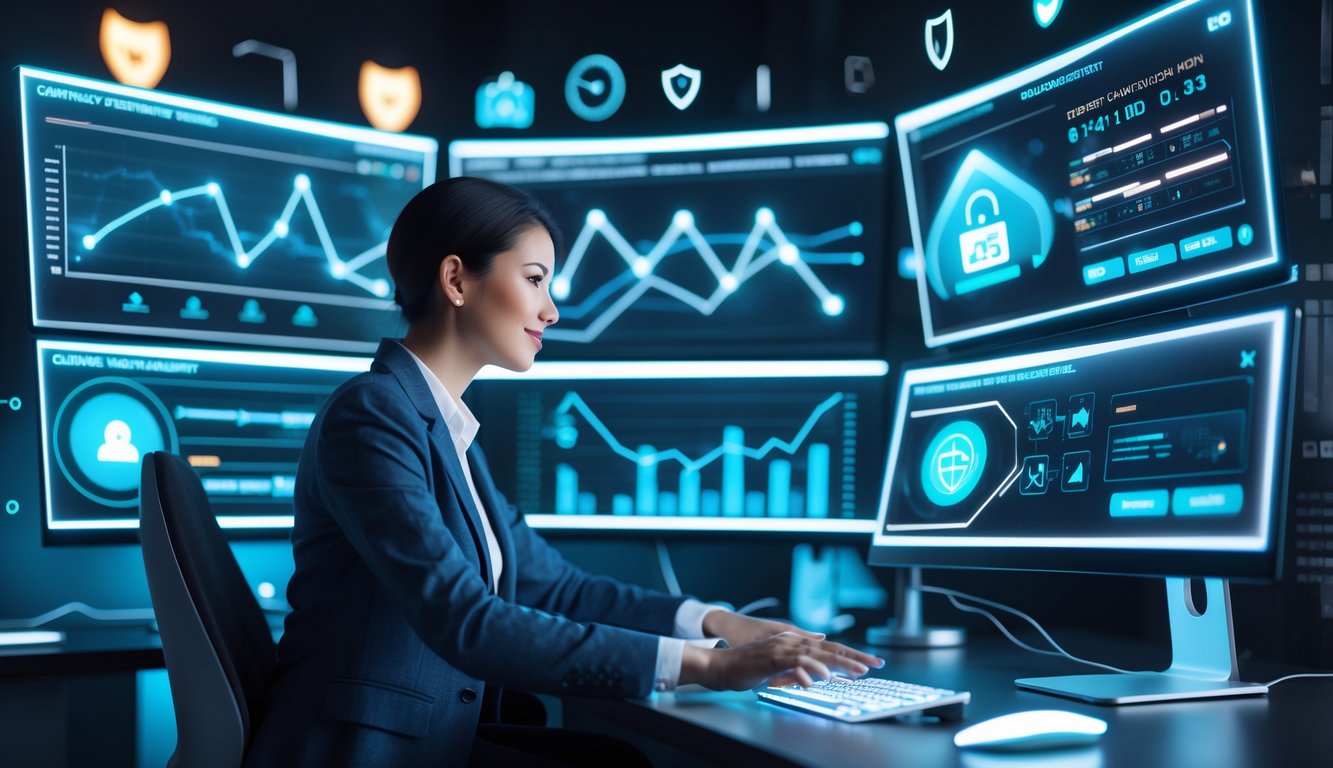 Seseorang sedang menggunakan komputer dengan layar transparan menampilkan grafik dan ikon keamanan dalam suasana teknologi modern.