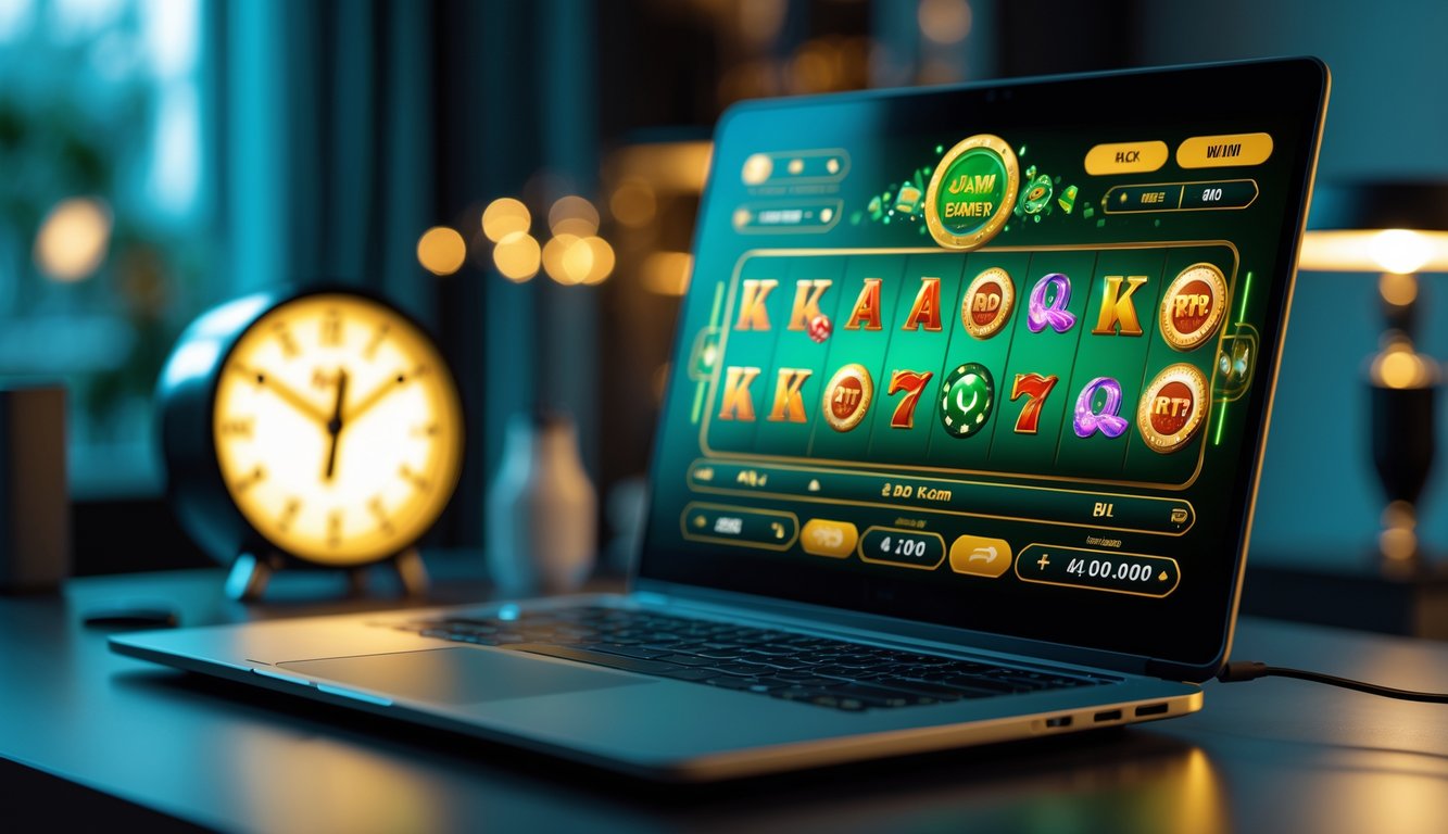 Seorang pemain sedang menggunakan komputer dengan tampilan permainan slot online berwarna-warni di ruangan yang nyaman, dengan jam di latar belakang menunjukkan waktu keberuntungan.