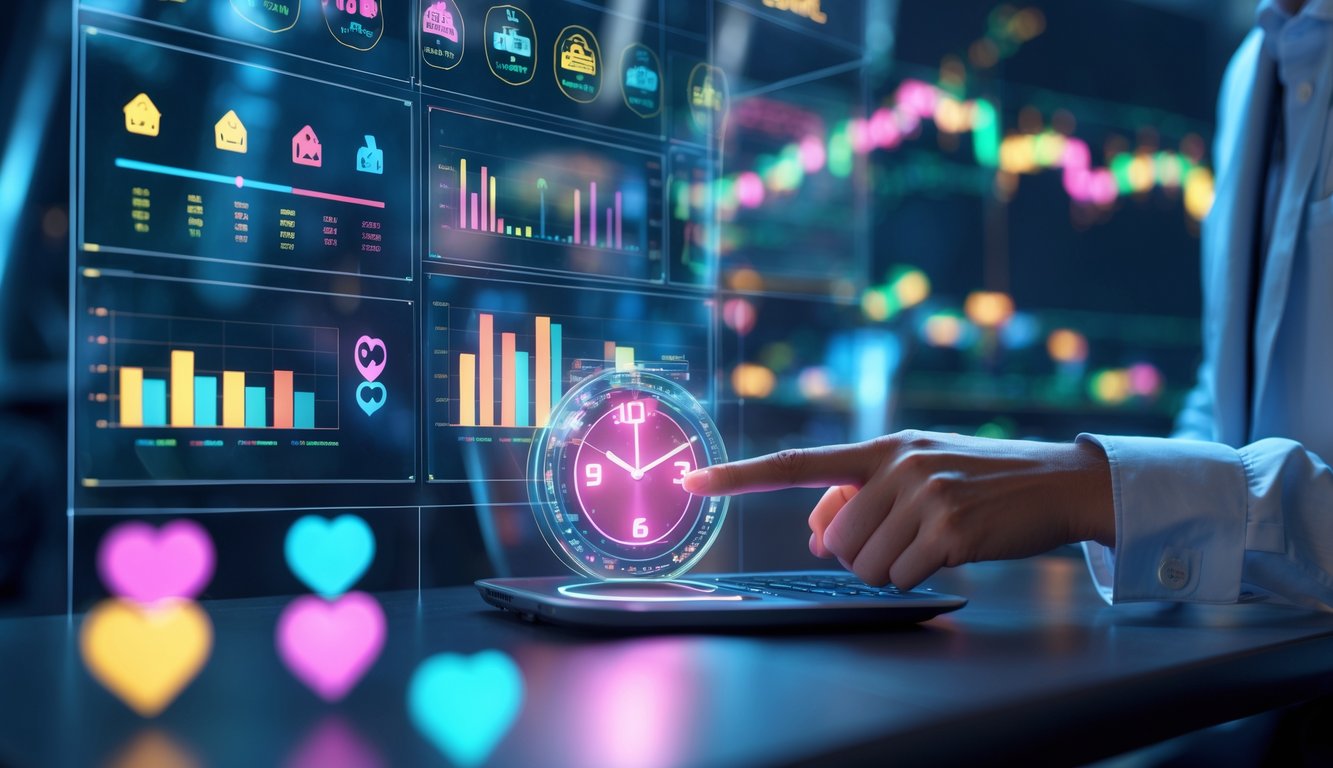 Orang sedang menggunakan layar digital dengan grafik dan ikon mesin slot di ruang kerja modern.