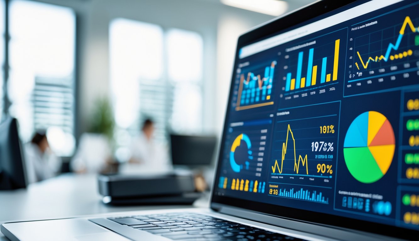 Tampilan layar komputer dengan grafik dan statistik yang akurat di lingkungan kantor modern.