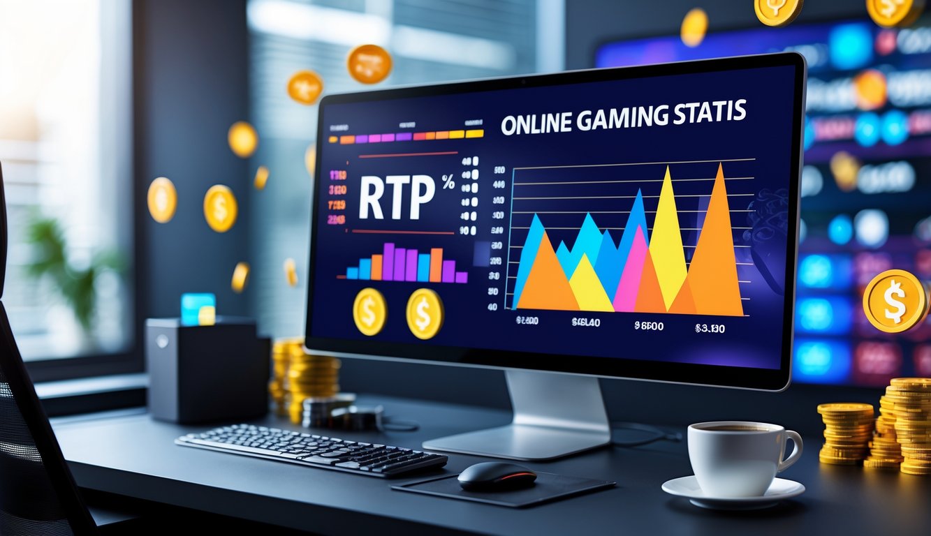 Sebuah ruang kerja modern dengan komputer yang menampilkan grafik dan statistik permainan online di layar.