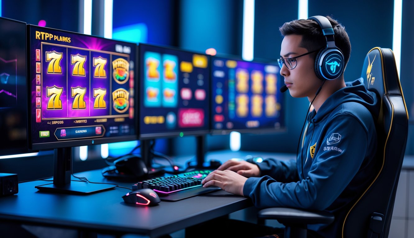 Seorang pemain profesional sedang bermain game slot online dengan peralatan gaming modern di meja yang rapi dan pencahayaan yang terang.