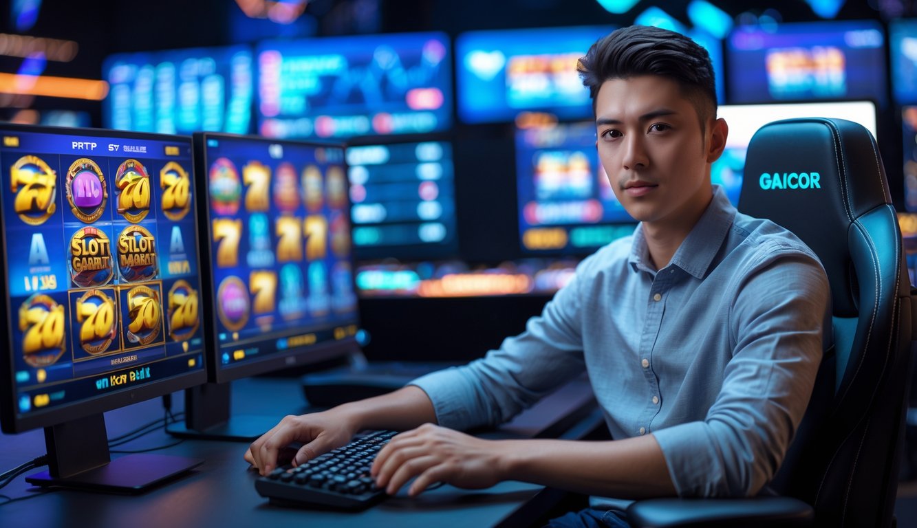 Seorang pria muda duduk di depan beberapa monitor komputer yang menampilkan permainan slot online dan grafik statistik RTP dalam suasana gaming modern.