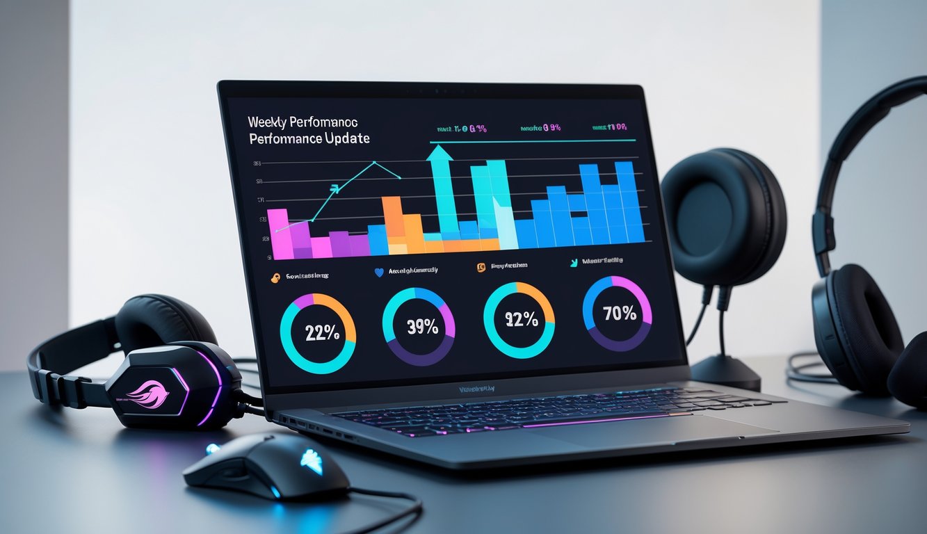 Meja kerja modern dengan laptop yang menampilkan grafik dan persentase, dilengkapi aksesori gaming di sekitarnya.
