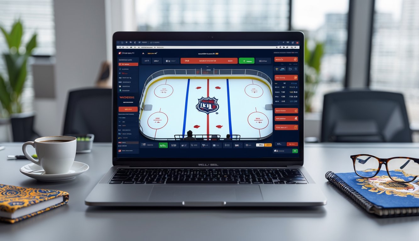Meja kerja dengan laptop dan ponsel menampilkan aplikasi taruhan NHL online, dengan elemen budaya Indonesia di sekitarnya.