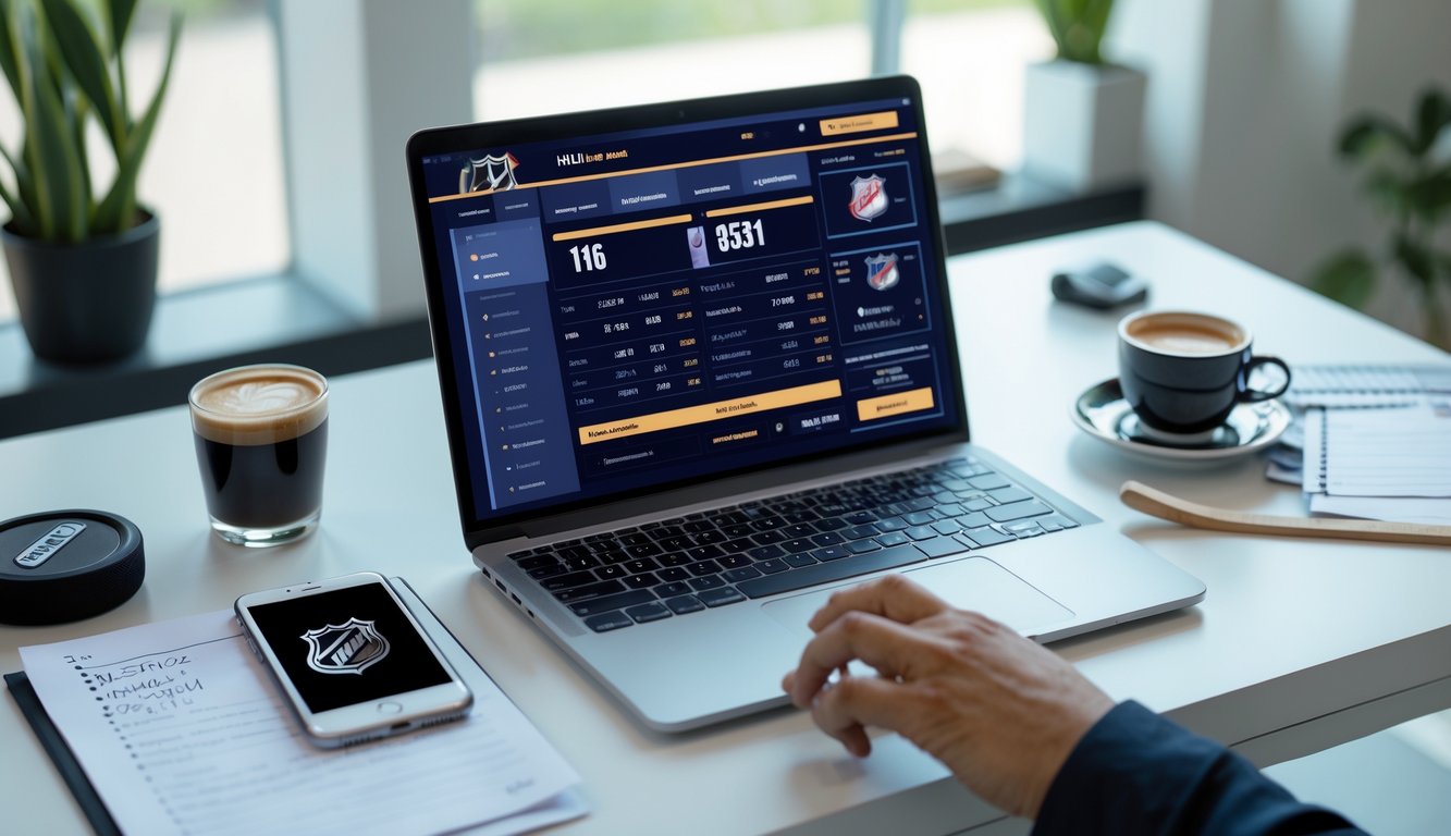 Seorang pria duduk di depan laptop dengan layar menampilkan antarmuka taruhan NHL online, dikelilingi oleh catatan, ponsel, dan cangkir kopi di meja kerja.