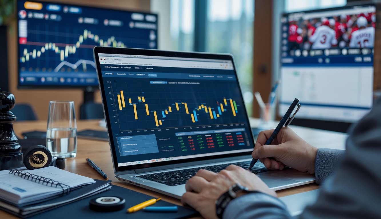 Seseorang sedang menganalisis statistik tim NHL di depan laptop dengan perlengkapan hoki di meja dan layar besar menampilkan pertandingan NHL.
