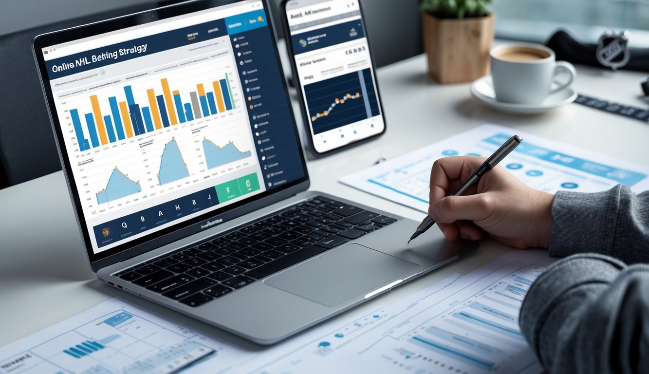 Seseorang sedang menganalisis statistik tim NHL di laptop di atas meja kerja dengan grafik dan catatan, dikelilingi oleh peralatan bertema hoki.