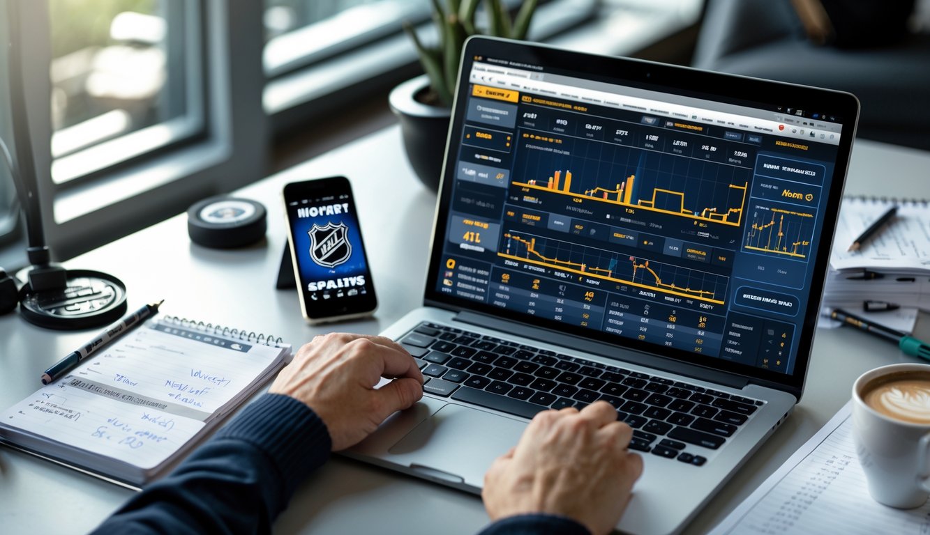 Seorang pria duduk di meja kerja dengan laptop yang menampilkan tampilan taruhan NHL online, dikelilingi oleh ponsel yang menayangkan pertandingan hoki, catatan, dan secangkir kopi.