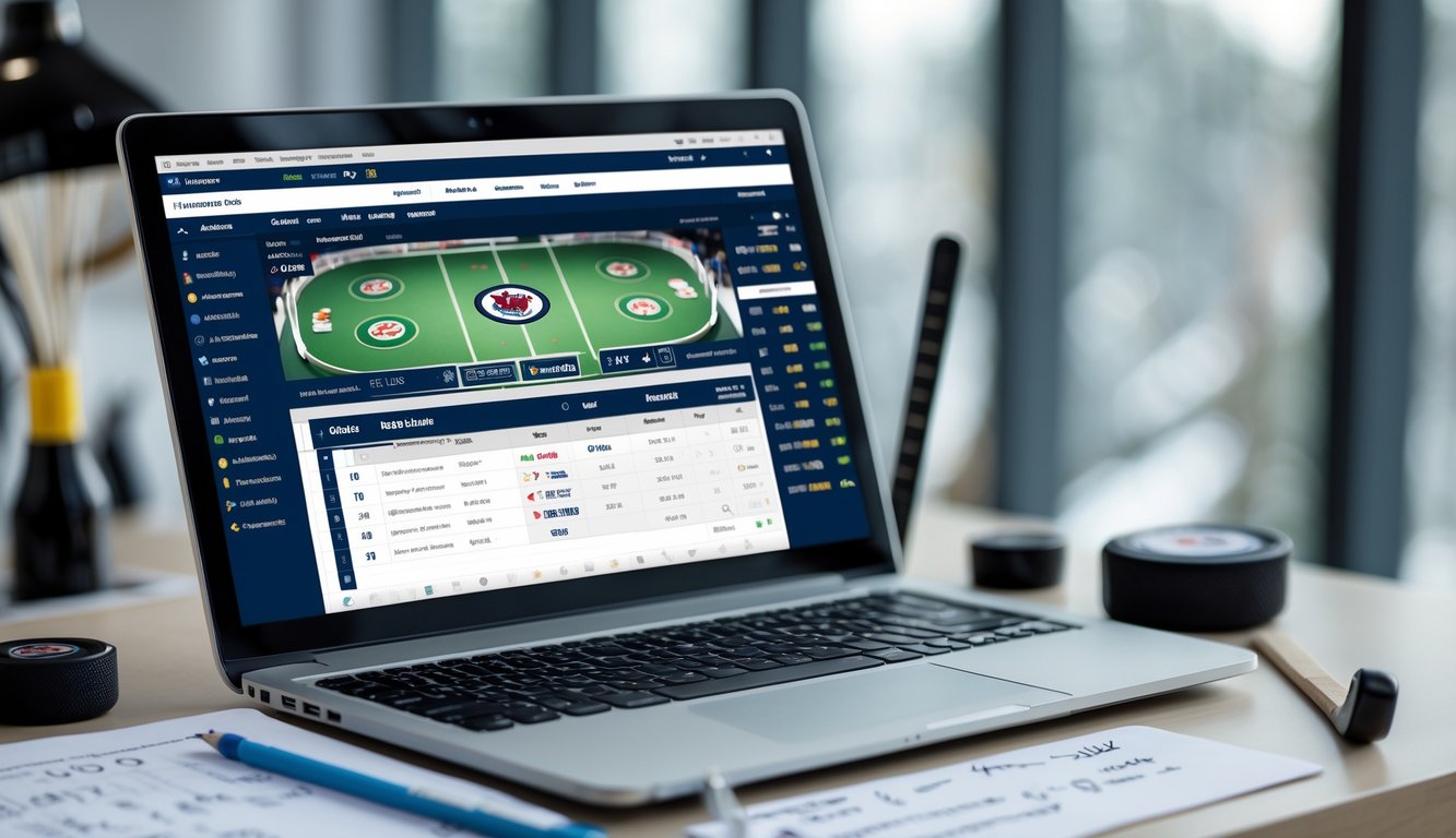 Seorang pria sedang melihat layar laptop dengan tampilan taruhan NHL online, di meja terdapat puck hoki dan stik hoki mini serta buku catatan.