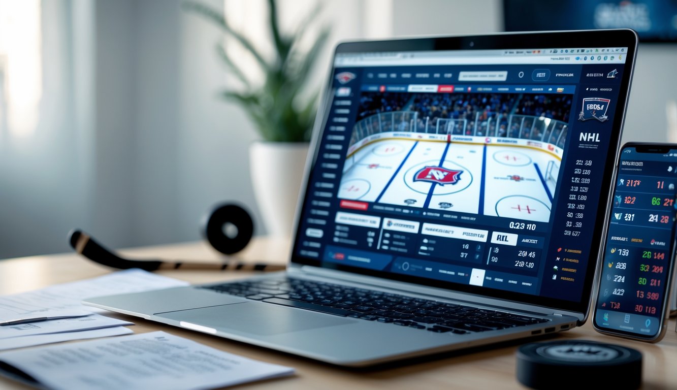 Meja kerja modern dengan laptop yang menampilkan pertandingan hoki es dan ponsel yang menunjukkan statistik taruhan NHL.