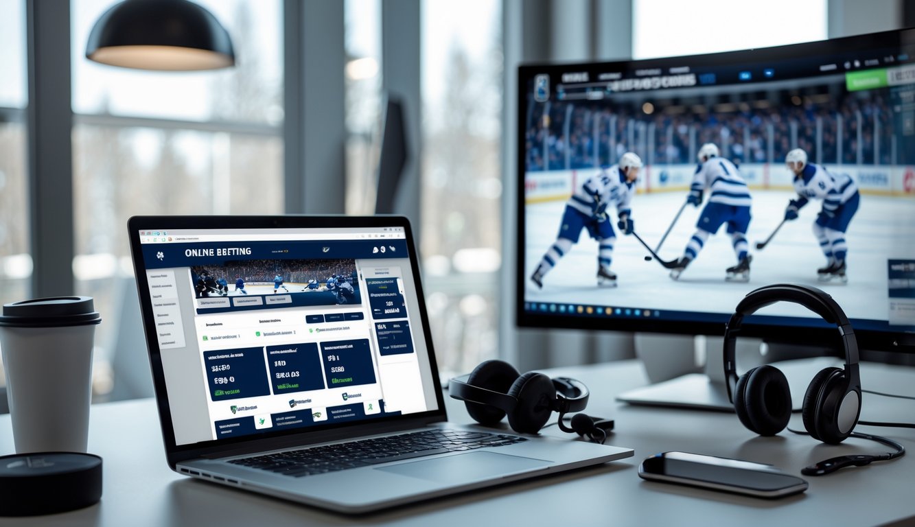 Meja kerja dengan laptop yang menampilkan situs taruhan NHL online, perlengkapan hoki seperti puck dan tongkat kecil, serta layar besar yang menayangkan pertandingan hoki es NHL.