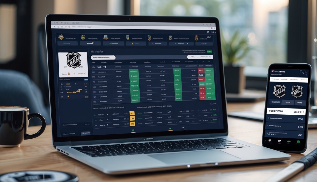 Seseorang menggunakan laptop dan ponsel di meja kerja dengan peralatan hoki di latar belakang.
