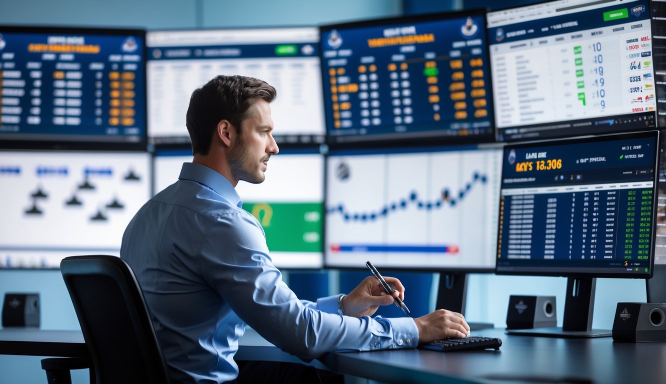 Seorang analis olahraga sedang bekerja di depan beberapa monitor yang menampilkan statistik dan prediksi skor pertandingan hoki NHL.