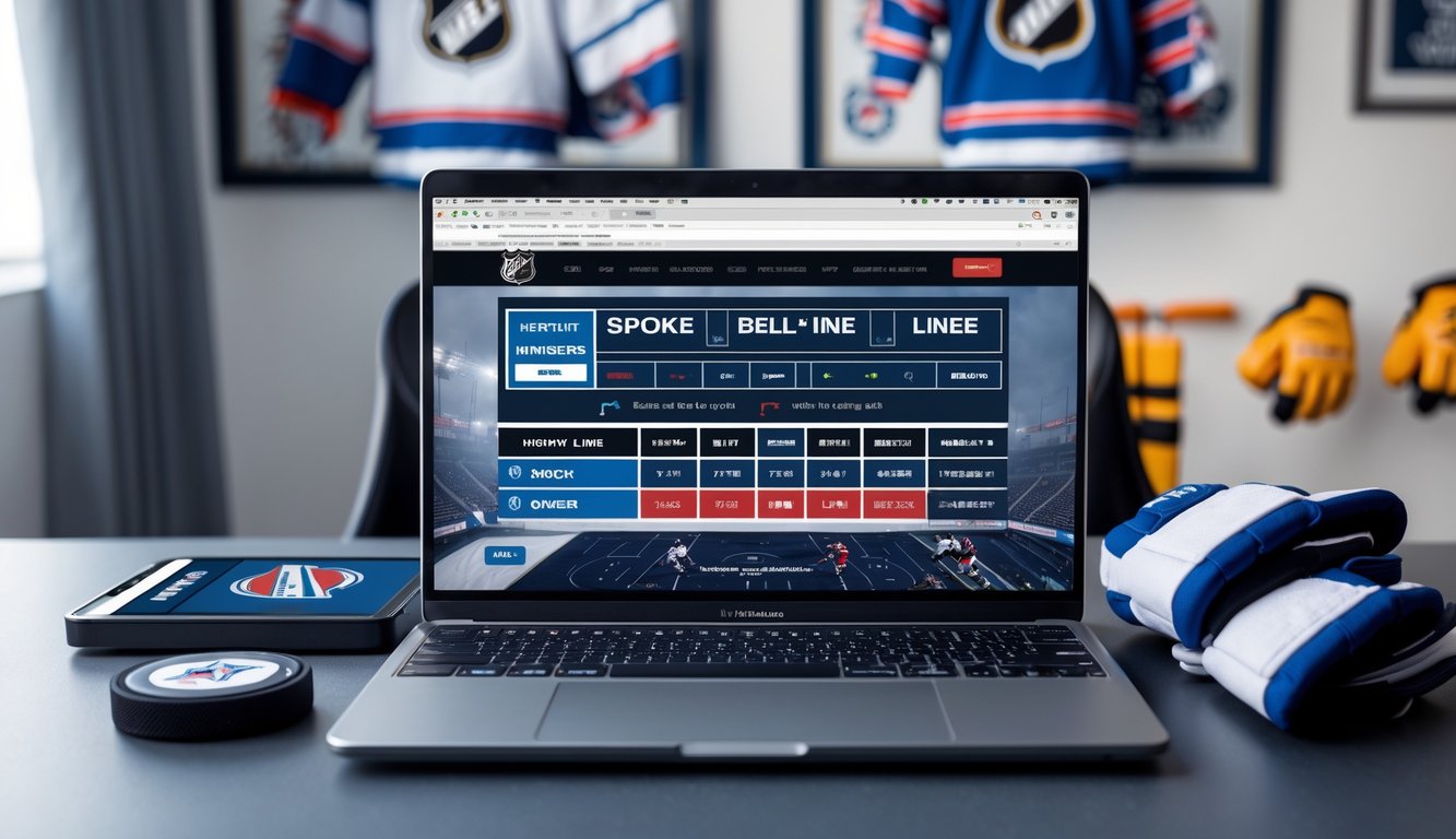 Seorang pria menggunakan laptop dan ponsel di meja dengan perlengkapan hoki kecil di sekitarnya.