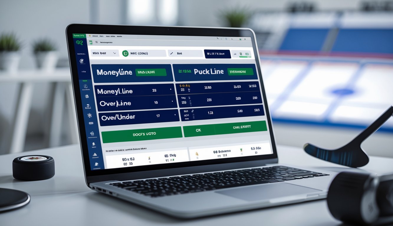 Seseorang menggunakan komputer dengan layar menampilkan antarmuka taruhan olahraga NHL, dikelilingi oleh alat hoki seperti stik dan puck di meja kerja.