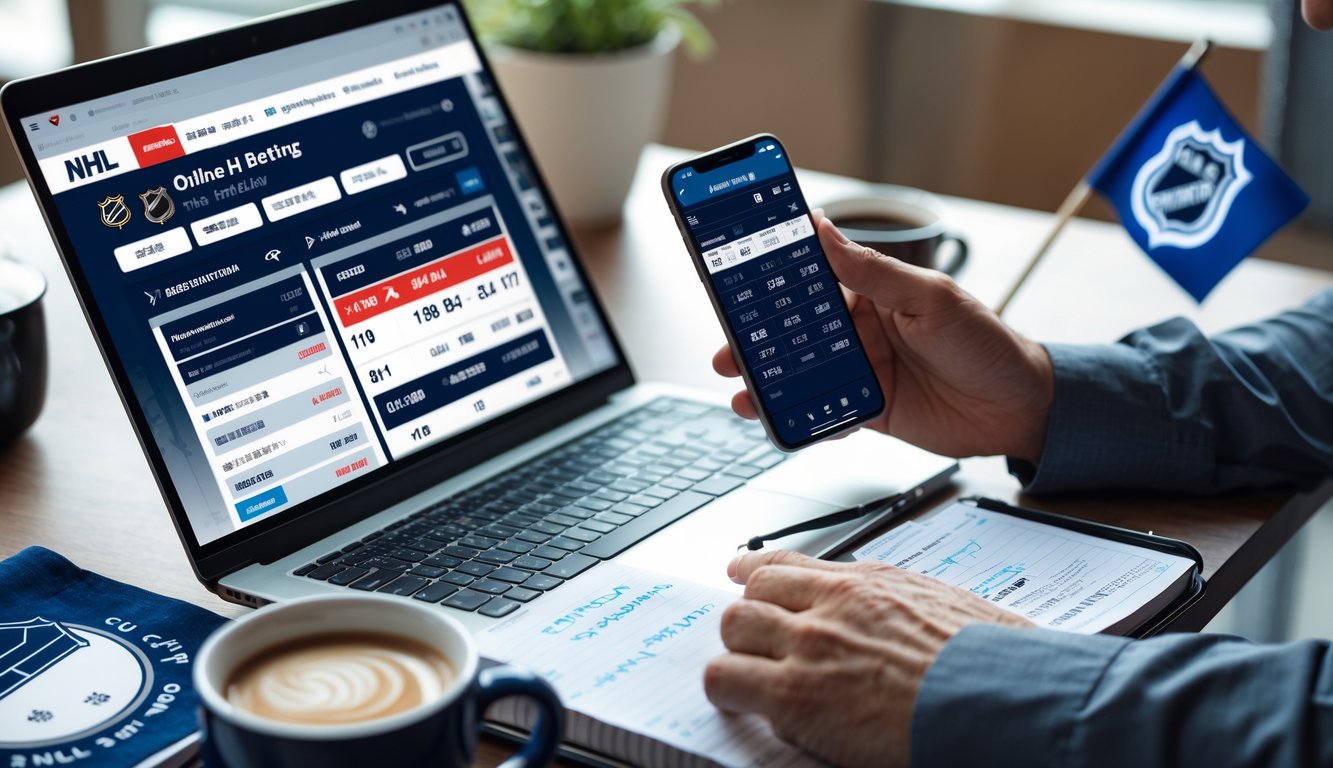 Seseorang sedang duduk di meja dengan laptop dan smartphone, menganalisis data taruhan hoki NHL secara serius.