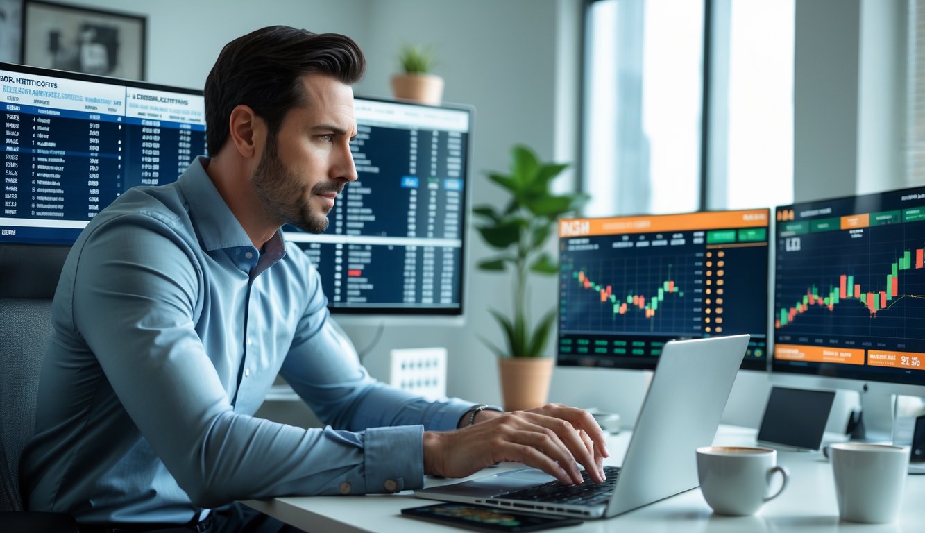 Seorang pria duduk di meja dengan beberapa layar digital menampilkan statistik hoki NHL dan grafik keuangan, sedang menganalisis data dengan fokus.