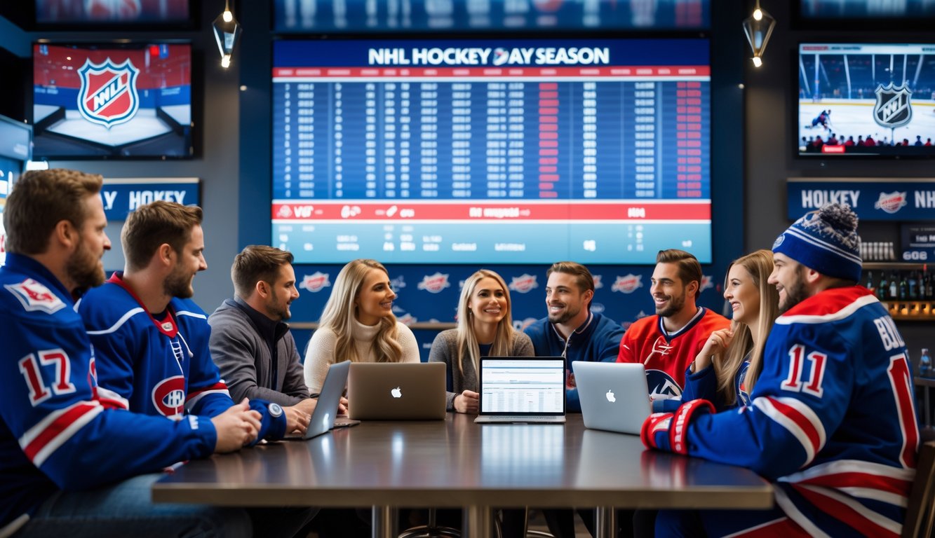 Sekelompok penggemar olahraga berkumpul di ruang santai dengan layar besar menampilkan jadwal pertandingan hoki dan perangkat elektronik menunjukkan peluang taruhan.
