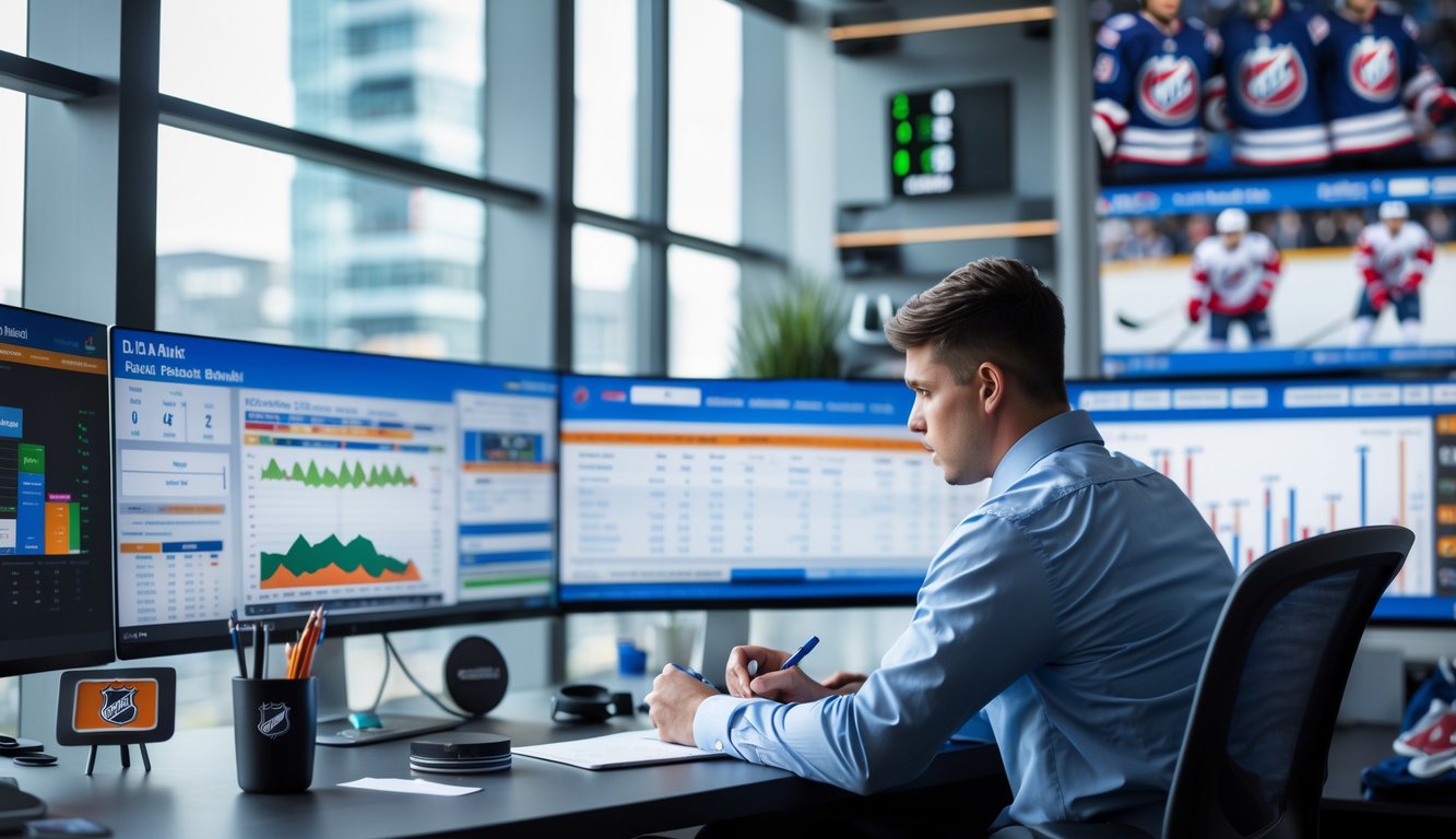 Seorang analis olahraga sedang memeriksa statistik tim NHL di depan beberapa layar komputer di kantor modern.