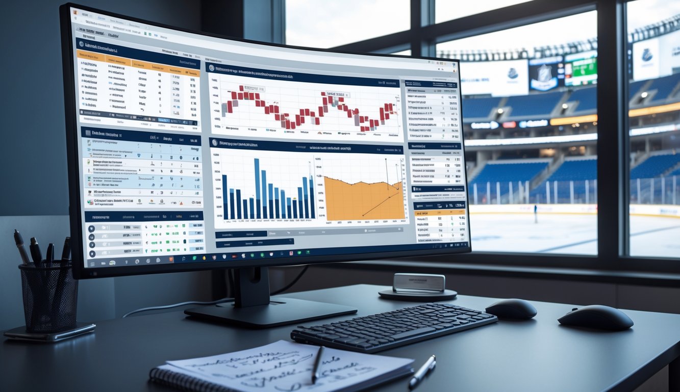 Seorang analis olahraga sedang bekerja di depan komputer dengan grafik dan statistik tim NHL, dengan arena hoki terlihat di latar belakang.