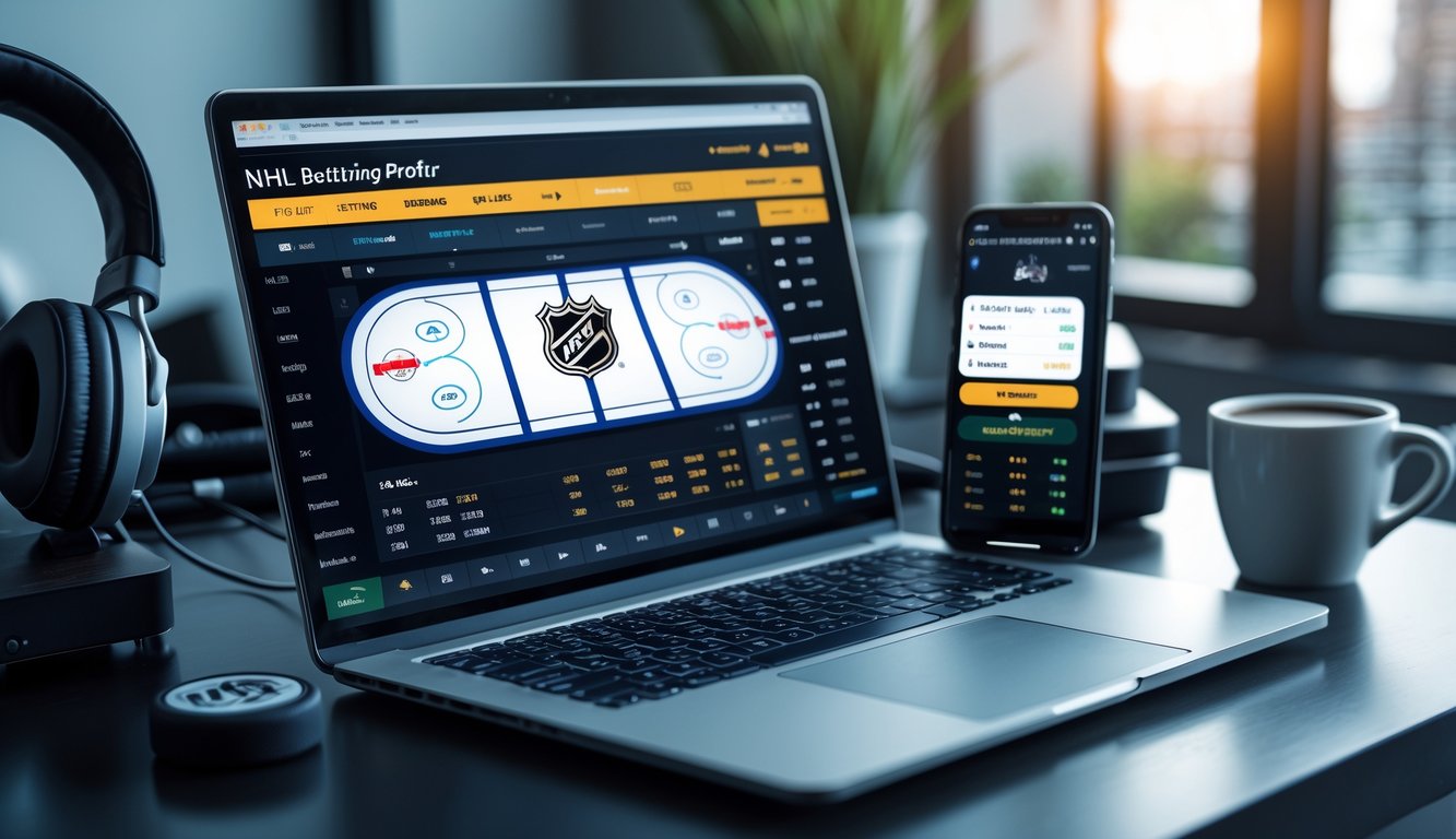 Seorang pria duduk di meja kerja dengan laptop dan ponsel yang menampilkan pertandingan hoki es dan aplikasi taruhan secara langsung.